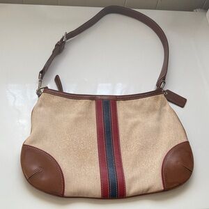 Coach Beige and Brown Shoulder Bag with Red and Blue Stripe